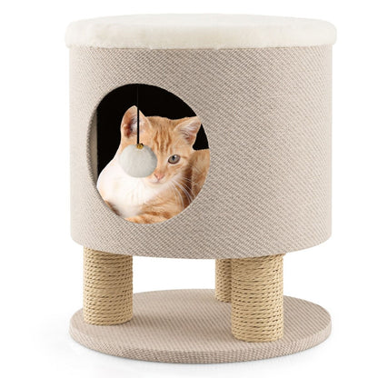 Sgabello Nicchia per Gatti Con Pali Tiragraffi E Pallina Di Peluche, Casetta per Animali Domestici Multiuso 2 Colori
