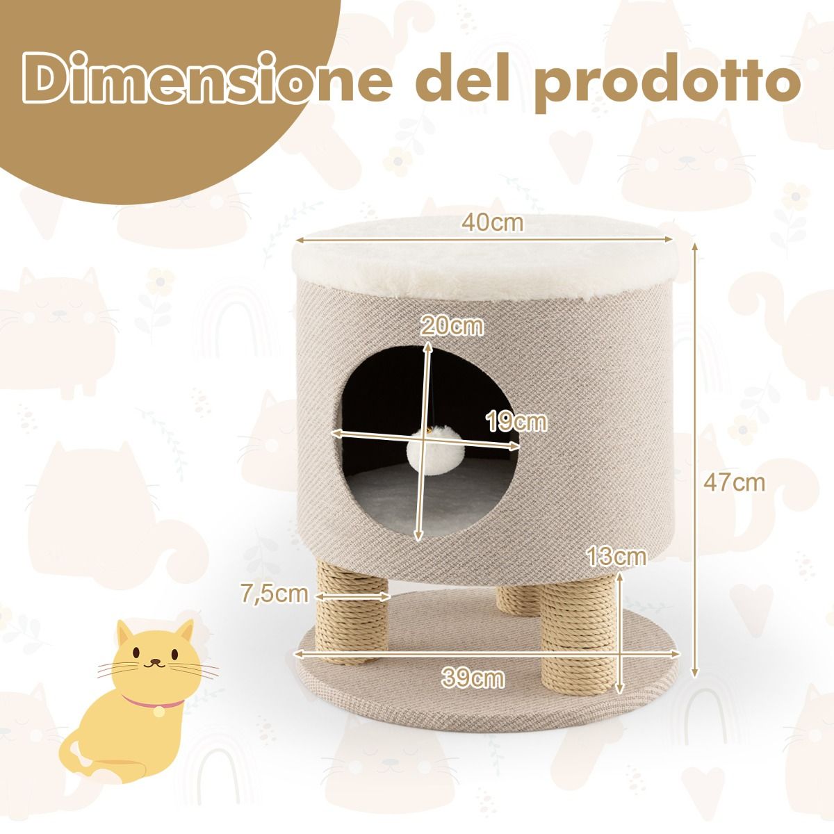 Sgabello Nicchia per Gatti Con Pali Tiragraffi E Pallina Di Peluche, Casetta per Animali Domestici Multiuso 2 Colori