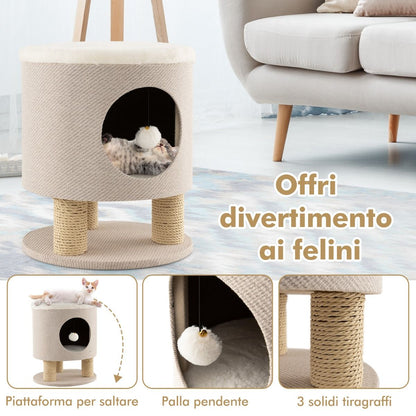 Sgabello Nicchia per Gatti Con Pali Tiragraffi E Pallina Di Peluche, Casetta per Animali Domestici Multiuso 2 Colori