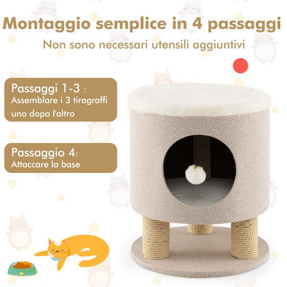 Sgabello Nicchia per Gatti Con Pali Tiragraffi E Pallina Di Peluche, Casetta per Animali Domestici Multiuso 2 Colori