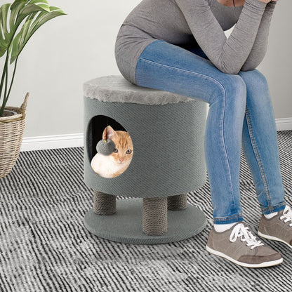 Sgabello Nicchia per Gatti Con Pali Tiragraffi E Pallina Di Peluche, Casetta per Animali Domestici Multiuso 2 Colori
