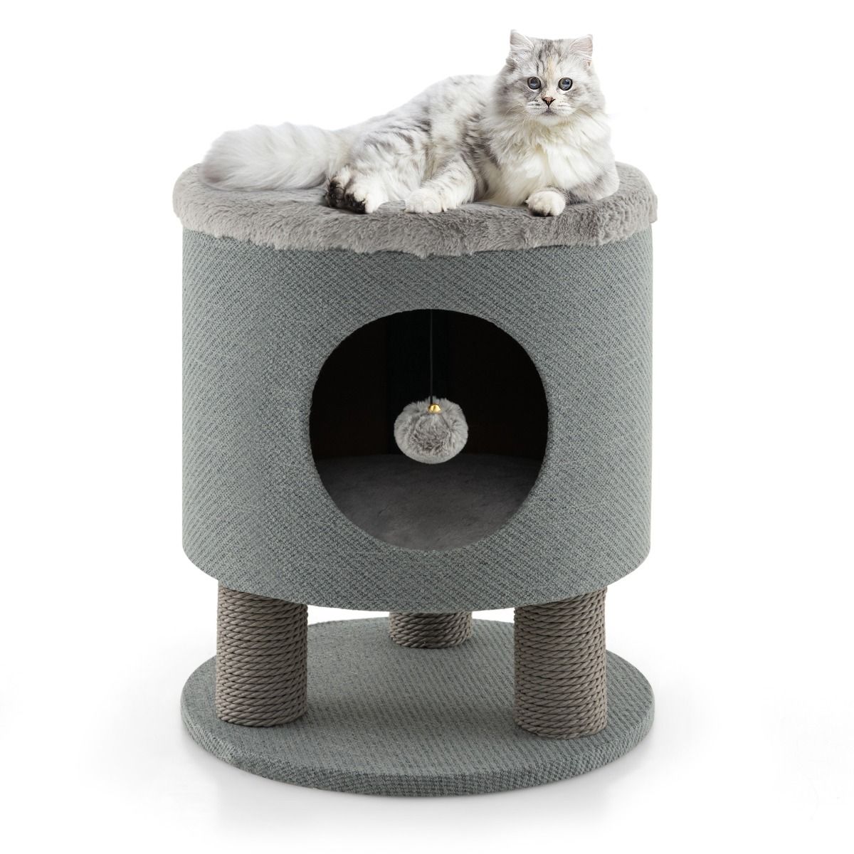 Sgabello Nicchia per Gatti Con Pali Tiragraffi E Pallina Di Peluche, Casetta per Animali Domestici Multiuso 2 Colori