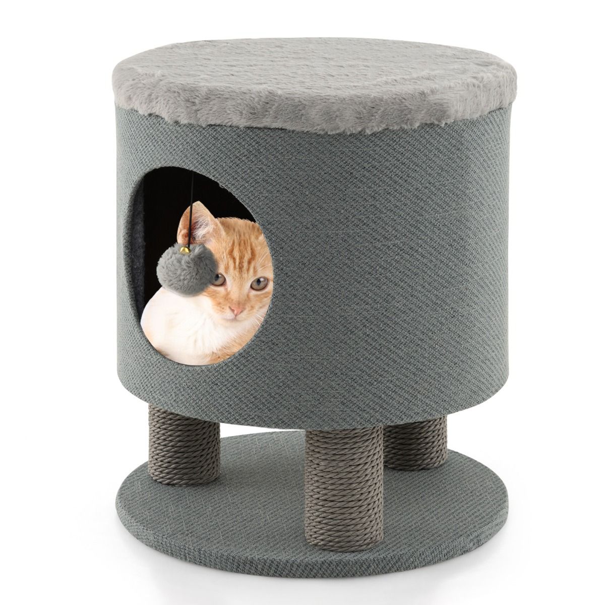Sgabello Nicchia per Gatti Con Pali Tiragraffi E Pallina Di Peluche, Casetta per Animali Domestici Multiuso 2 Colori
