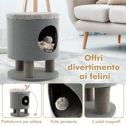 Sgabello Nicchia per Gatti Con Pali Tiragraffi E Pallina Di Peluche, Casetta per Animali Domestici Multiuso 2 Colori