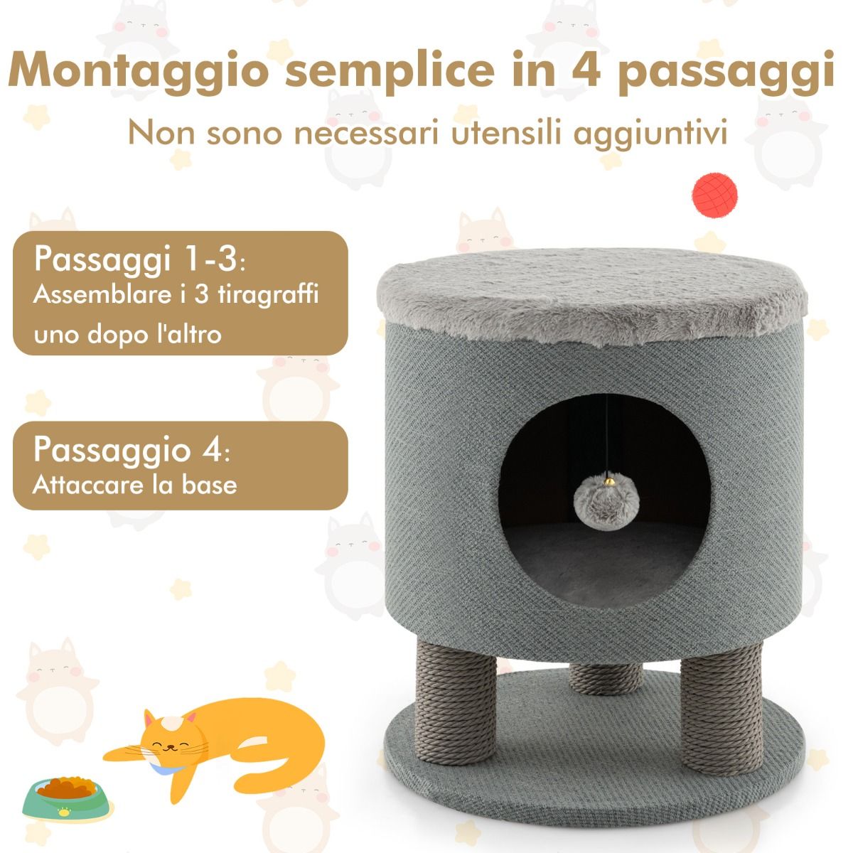 Sgabello Nicchia per Gatti Con Pali Tiragraffi E Pallina Di Peluche, Casetta per Animali Domestici Multiuso 2 Colori