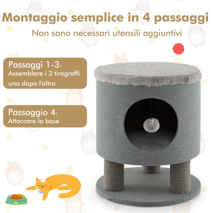 Sgabello Nicchia per Gatti Con Pali Tiragraffi E Pallina Di Peluche, Casetta per Animali Domestici Multiuso 2 Colori